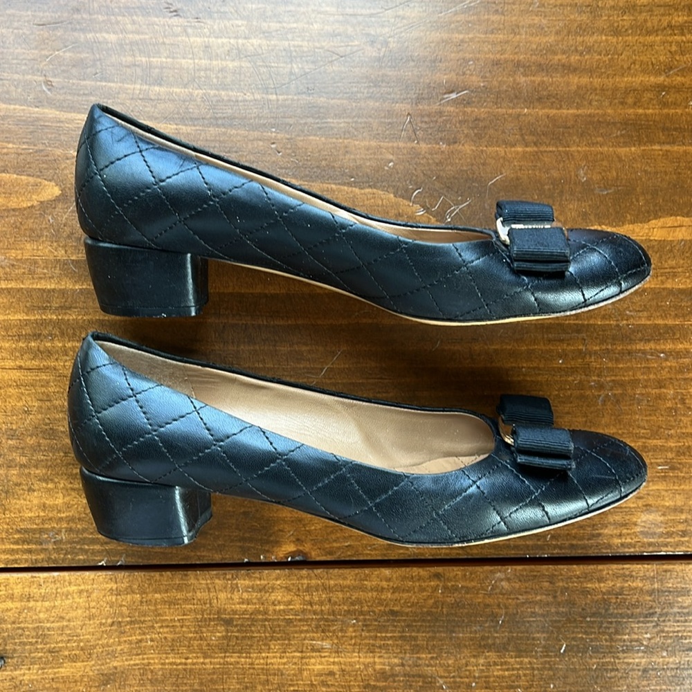 Salvatore Ferragamo Varina Quilted Bow Ballet Block Heels Size 7 - Picture 6 of 16